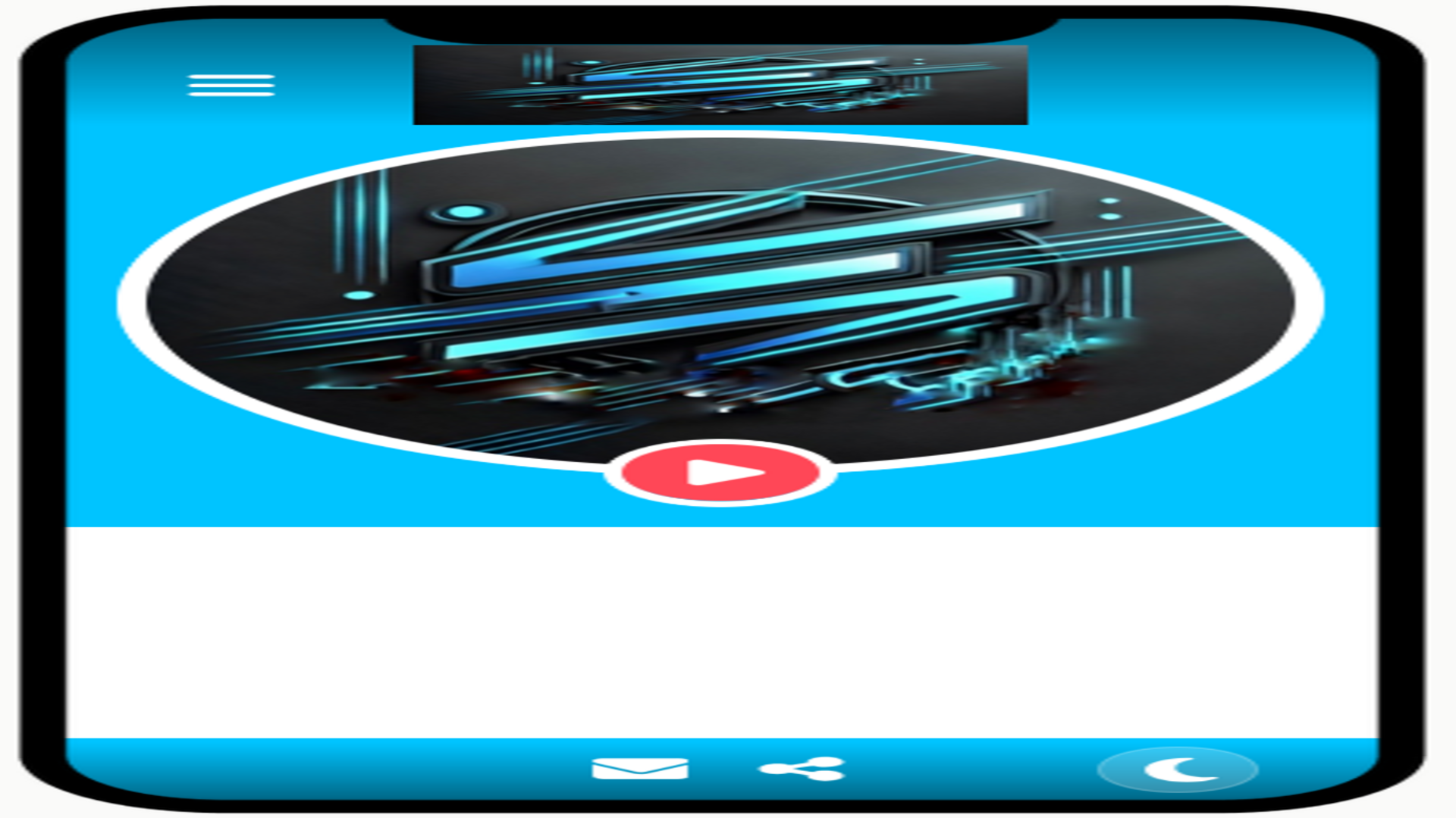 A smartphone screen showcases an abstract blue and black design with a red play button at the center, resembling a Blog-Startseite. The interface includes navigation icons on top, while at the bottom, you'll find a mail icon, share button, and mode switch icon.